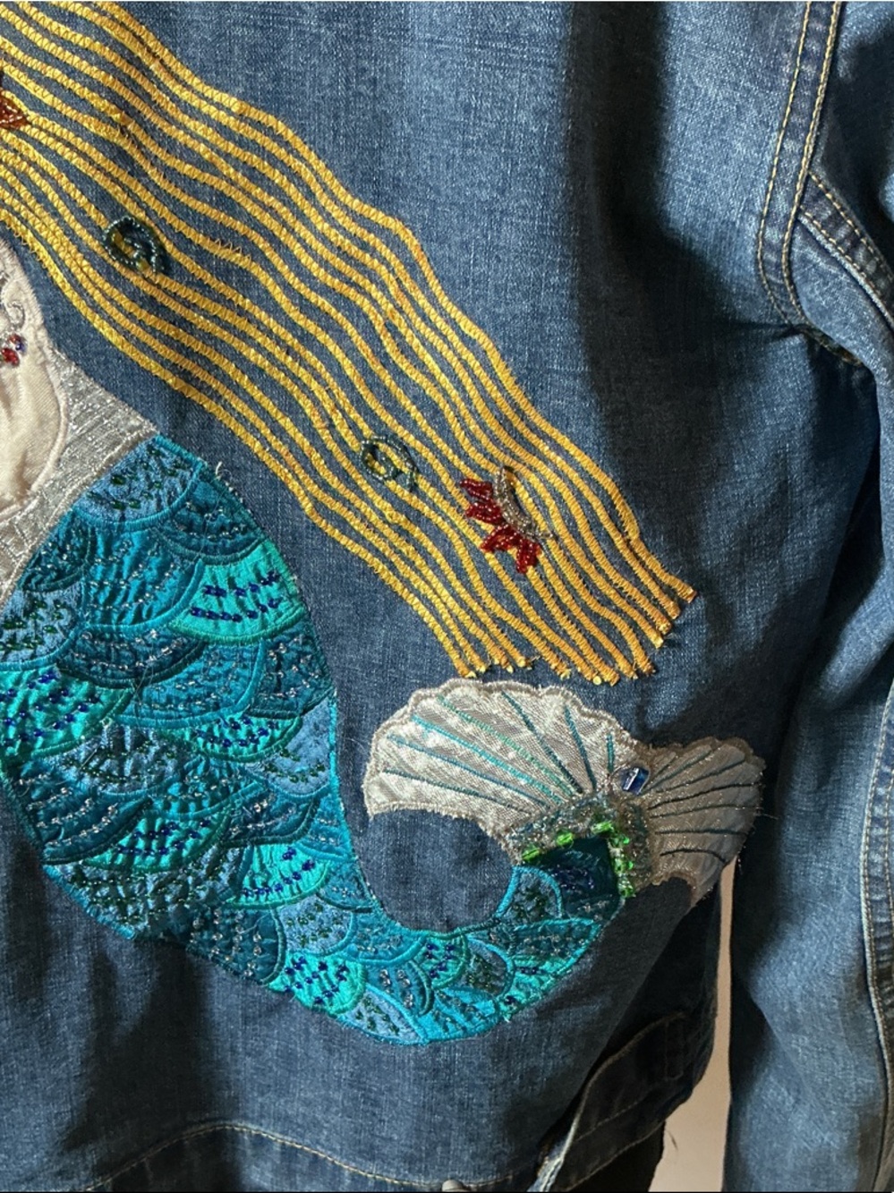 Chico's Blue Denim Jean Jacket with Colorful Mermaid Embroidery - Picture 7 of 7